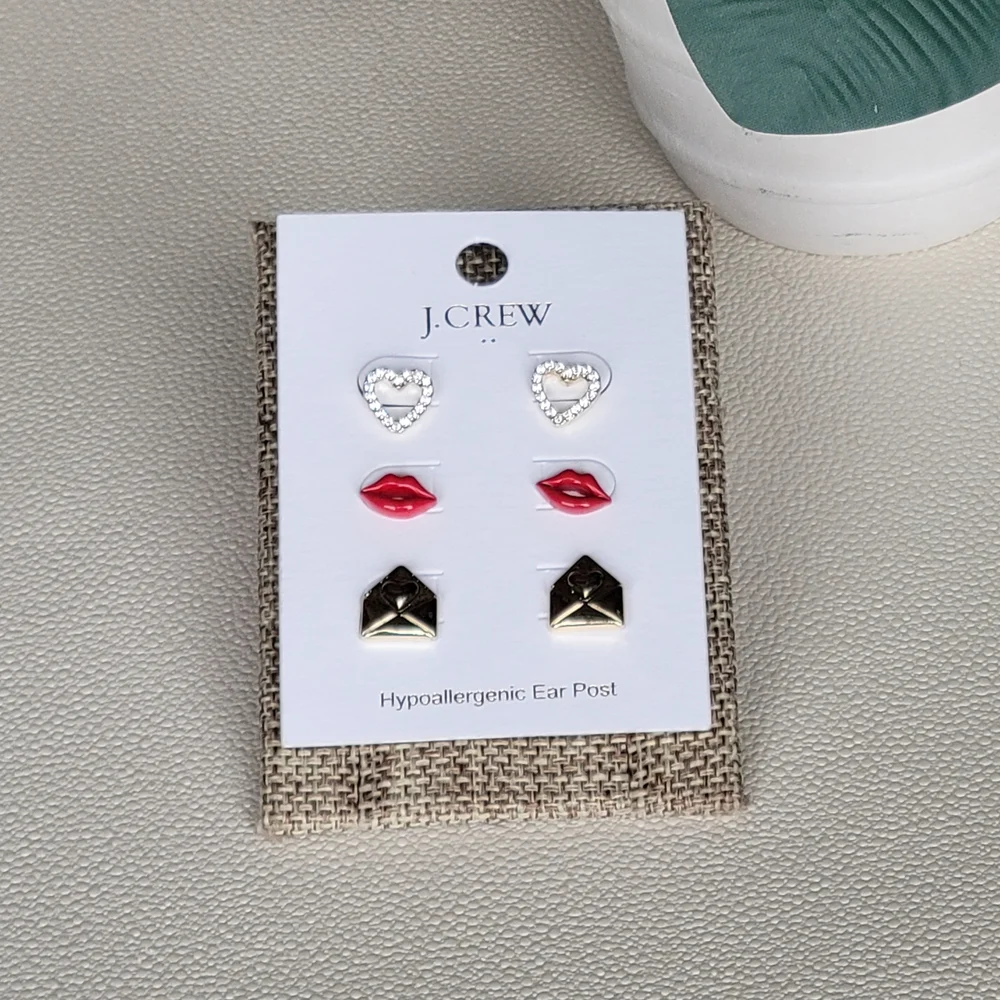 J. Crew Women's Gold Envelopes, Red Lips, and Heart 3 Piece Stud Earrings Set - Picture 1 of 3